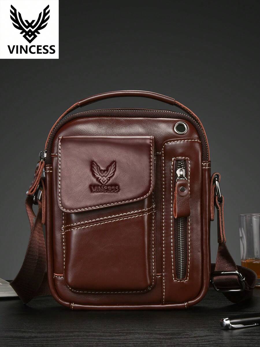 VINCESS 男士牛皮皮革斜挎包,男士真皮斜挎包,極簡休閒單肩包,附可調節式肩帶,柔軟皮革手機收納包,平板電腦單肩包,適合日常通勤與旅行,適合作為男士節日禮物 - 咖啡棕 - 查看 1