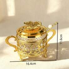 Gold Hollow Heart-Shaped Filigree Sugar Jar Set With Ginkgo Lid And Pearl Decorated Spoon, Detachable Transparent Glass Sugar Jar, Dual Handle Design, European Luxury Coffee Tea Sugar Jar, Suitable For Kitchen Countertop And Afternoon Tea Table Decoration - Gold - View 8