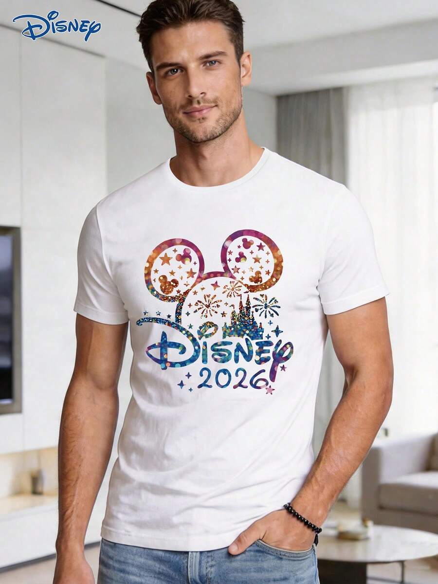Disney 1pc Men's Short Sleeve T-Shirt, Loose Fit, Mickey Mouse Graphic Print, Round Neck, Slightly Elastic - White - View 1