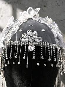 European Vintage Mesh Bridal Headpiece, Long Draping Rhinestone Chain Tassel, Handmade Flower & Pearl Bridal Accessory - Multicolor - View 10