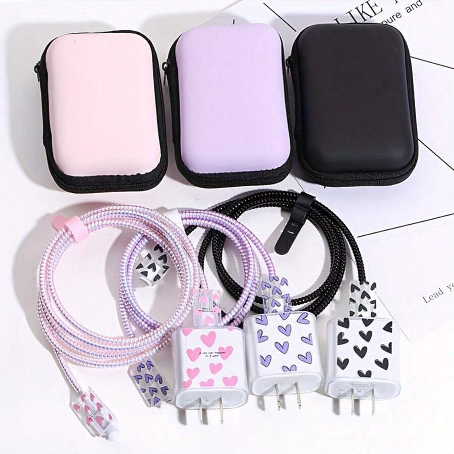 6pcs Heart-Shaped Data Cable Organizer Protective Sleeves And Storage Bag, Suitable For 18W/20W Fast Charging Cables, Storage Bag For Chargers, Earphones, Data Cables, Small Items Storage, With Zipper Closure - Anti-Drop Design. - Multicolor - View 1