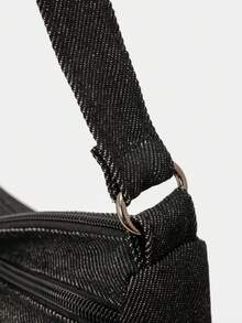 Tas Selempang Bahu Bordir Kucing Kartun Lucu, Kain Tahan Lama, Desain Multi-Saku, Tas Kasual untuk Beraktivitas di Luar Rumah - Hitam - View 7