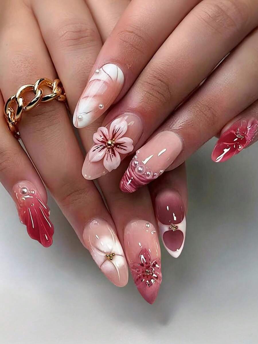 24 Pieces Of Medium-Sized Almond-Shaped Protective Armor, With A 3d Three-Dimensional Flower Pink Gradient Design, Featuring Water Droplet Details, An Elegant Shiny All-Over Style, Suitable For Women's Daily Wear. - Multicolor - View 1