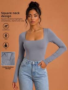 Never me Women's Grey Square Neck Long Sleeve Fitted Jumpsuit, Tummy Control Shaping, Casual Versatile Everyday Wear - Grey - View 1