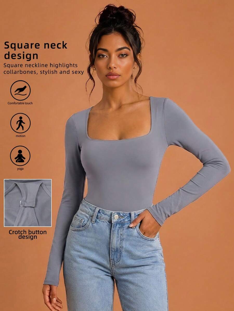 Never me Women's Grey Square Neck Long Sleeve Fitted Jumpsuit, Tummy Control Shaping, Casual Versatile Everyday Wear - Grey - View 1