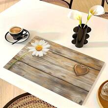 1/4/6pcs Autumn Series Daisy Heart Wood Grain Pattern Printed Placemats, Heat-Resistant Table Mat For Home Kitchen/Dining Table Protection, Kitchen Table Party Scene Decoration - Multicolor - View 12
