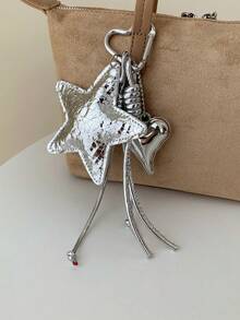 1pc + Silver Pentagram Heart Key Pendant, Glossy PU Pentagram Accessory With Heart Metal Clasp And Braided Hanging Rope Design, Suitable For Bag Decoration, Key Charm, Daily Matching, Can Hang Keys, Bags, Suitable As Christmas Gift, Mother's Day Gift, Birthday Gift, Birthday Surprise - Silver - View 10