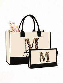 2pcs Canvas Tote Bags With Letter Pattern, Casual Style, Open Design, Fixed Shoulder Strap, Wipeable Clean, Suitable For Travel, Shopping, Also An Ideal Gift For Family And Friends - Multicolor - View 5