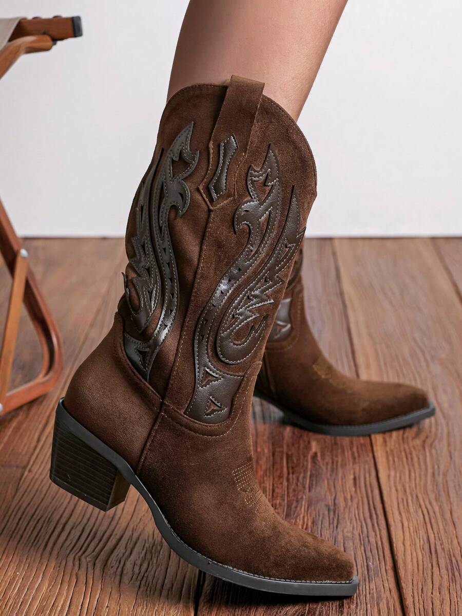 wellspring Ideal With Fall Clothes,Women's Western Style Embroidered Pointed Toe Slip-On PU Knee-High Boots, Chunky & Mid Heel, Winter Warm - Mocha Brown - View 1