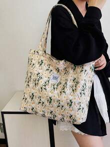 Fresh Colorful Floral Contrast Fabric Large Capacity One Shoulder Tote Bag - White - View 6