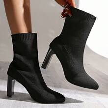 Women's Solid Color Fashion Woven Chunky Heel Ankle Boots For Outdoor And Indoor Wear In Autumn/Winter - Black - View 3