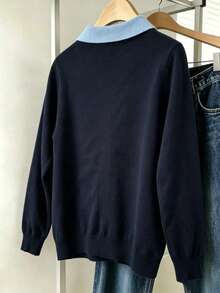 French Style Colorblock Lapel Knit Cardigan, Minimalist Single-Breasted Loose Fit Versatile Sweater Jacket - Navy Blue - View 2