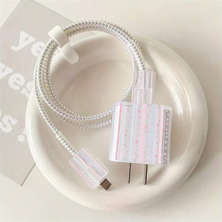 5pcs 2D Flat Design Floral Striped Phone Charger Protection Set, Charger Head Cover + Cable Protector + Storage Rope + Data Cable Protector Spiral Wrap, Compatible With IPhone 20W/18W Charger - Multicolor - View 1