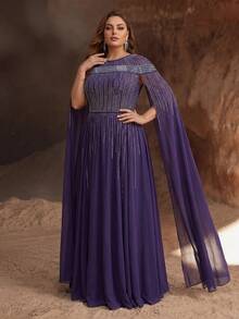 YISIKADO Plus Size Women's Elegant Chiffon Evening Gown, Round Neck, Sparkling Rhinestone Cape Sleeves, Floor Length Formal Ball Dress - Purple - View 6