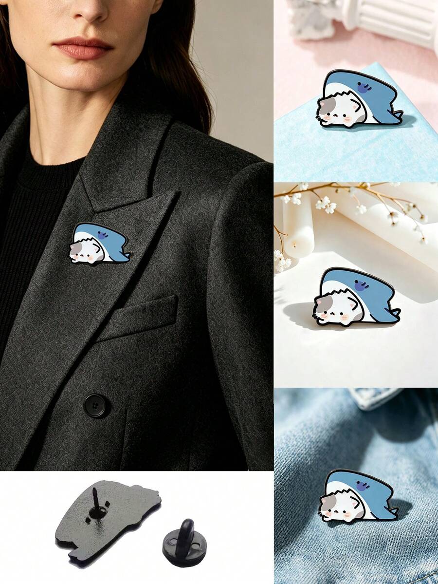 1pc Cute Shark & Cat Combination Brooch, Personalized Small & Sturdy Design, Hard To Fall Off, Decorative For Shirts And Coats, Versatile For Various Outfit Styles, Perfect Small Gift For Friends, Besties And Colleagues - Multicolor - View 1