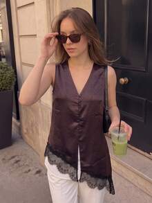 1pc Women's Vintage Glossy Solid Color Lace Patchwork Vest, Asymmetrical Diagonal Hem Draped Satin Sleeveless Top, Suitable For Office Layering - Redwood - View 4