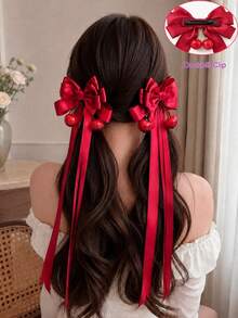 1/2pcs Burgundy Satin Long Bow Hair Clips, Japanese JK Style Sweet Girl Twin Ponytail Cute Cherry Exquisite Hair Accessories - Red - View 2