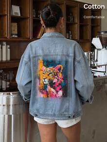 Classic Women's Denim Jacket For All Seasons, Jungle Leopard Print, White Ink Direct-To-Garment Print, Loose-Fit Versatile Casual Top - Light Denim Blue 2 - View 1
