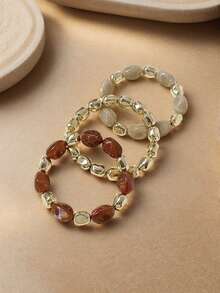 3pcs/Set Fashionable Retro Exaggerated Bohemian Thick Multi-Layer Acrylic Beaded Bracelet For Women - Multicolor - View 2