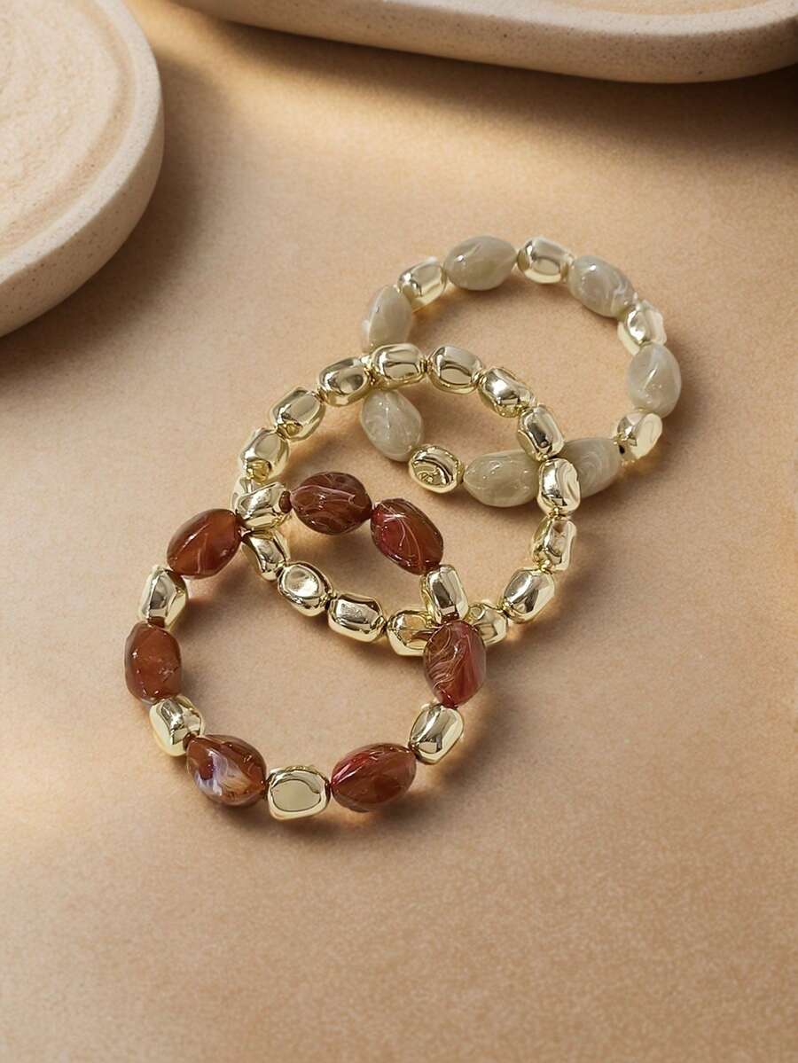3pcs/Set Fashionable Retro Exaggerated Bohemian Thick Multi-Layer Acrylic Beaded Bracelet For Women