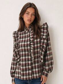 ARMONIAS Women's Plaid Cotton Blouse Autumn 2026, Mock Neck, Long Sleeve, Button-Up With Ruffles For Daily And Office Wear, Women's Autumn Clothing - Burgundy - View 1