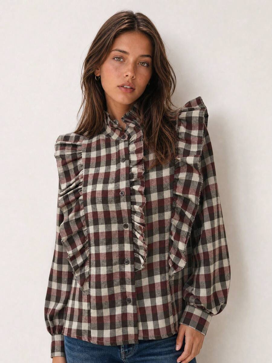 ARMONIAS Women's Plaid Cotton Blouse Autumn 2026, Mock Neck, Long Sleeve, Button-Up With Ruffles For Daily And Office Wear, Women's Autumn Clothing - Burgundy - View 1
