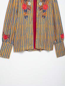 YROOE Women's Autumn/Winter Orange & Blue Vertical Striped Heavy Floral Embroidered Round Neck Front Open Petal Sleeve Short Vintage Jacket - Multicolor - View 6