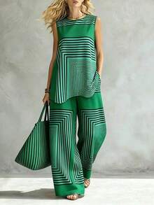 2026 New Green Striped 2-Piece Set, Sleeveless Wide Leg Pants Suit, Geometric Print Matching Set, High Waist Wide Leg Long Pants Suit Summer Elegant - Multicolor - View 3