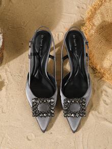 On feet& in love Women's Fashion Elegant Pointed Toe Square Buckle Rhinestone Closed Toe Slingback High Heel Pumps, Versatile For Commute, Party, Wedding - Dark Grey - View 6
