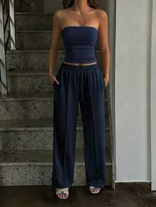 Vaiaye 2pcs Set Autumn Clothing Fitted Sexy Strapless Cropped Top Basic Camisole Solid Color Elastic Fitted Yoga Bandeau Top, Spring/Summer Elegant - Navy - View 5