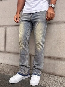 男士復古水洗彈性修身喇叭牛仔褲，街頭休閒時尚設計，四季皆宜 - 巧克力棕 - 查看 4