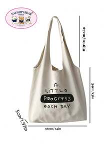 1pc Beige The New Muse English Barcode Print Women's Canvas Tote Bag, Vest Bag, Portable Shopping Bag For Outings - Beige - View 6