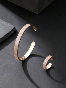 1 Set 2pcs Fashion Full Rhinestone Zirconia Open Ring & Bracelet Jewelry Set For Women Daily Wear Festival Party Wedding - Full-stone - View 11