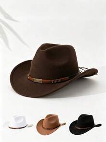 Vintage Western Cowboy Hat, Unisex Felt Wide Brim Rider Hat With Decorative Band, Halloween Cosplay Costume Accessory, Suitable For Thanksgiving, Christmas Party And Outdoor Travel - Multicolor - View 1