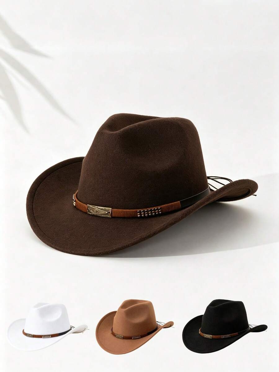 Vintage Western Cowboy Hat, Unisex Felt Wide Brim Rider Hat With Decorative Band, Halloween Cosplay Costume Accessory, Suitable For Thanksgiving, Christmas Party And Outdoor Travel - Multicolor - View 1