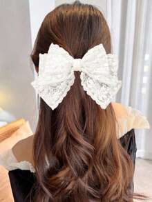 1pc White Lace Triple Bow Hair Clip - White - View 3