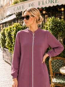 Women's Full-Length Zip Front Abaya – Stand Collar Long Sleeve Modest Maxi Dress With Elastic - Pink - View 6