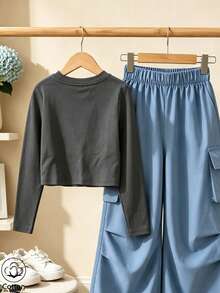 Girls Crew Neck Loose Long Sleeve Top, Fall   Winter Cotton Top, Girls Street Style Clothing - Grey - View 2