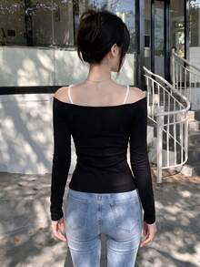 Sexy Halter Neck Cold Shoulder Lace Patchwork Fitted Top, Autumn/Winter New Style - Black - View 3