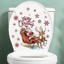1pc Santa Claus, Reindeer And Snowflake Toilet Sticker | Matte PVC Material | Bedroom Wall Decal | Self-Adhesive Decorative Sticker | Removable (No Residue) | Bathroom Decor | Home Decor | Holiday Atmosphere - View 6