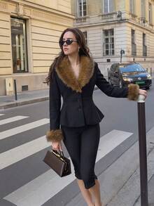 Faux Fur Collar & Cuff Trim Wool Blend Jacket, Single-Breasted Slim Fit Cropped Women's Coat - Black - View 5