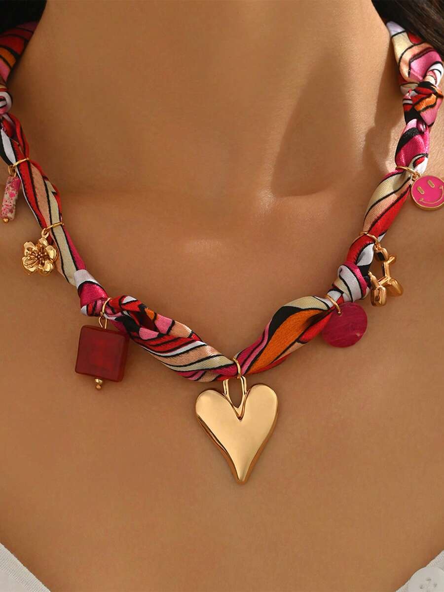 Vintage Elegant Versatile Creative Design Metal Heart Flower Geometric Round Square Pendant Scarf Necklace Suitable For Women's Daily - Multicolor - View 1