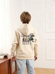 Teen Boy Fun Print Pullover Sweatshirt, Warm And Comfortable Thermal Lined Pullover Sweatshirt For Autumn/Winter - Apricot - View 3