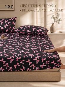 1pc Black & Pink Bow Pattern Fitted Sheet, Mattress Protector, Mattress Cover, Fitted Sheet, Soft & Breathable, Fits All Bed Sizes - Twin, Full, Queen, King, Deep Pocket Up To 11.8 Inches, Machine Washable. Back To School, Dorm Essentials - Black - View 2