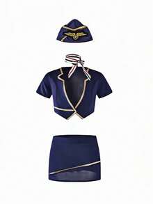 Captain & Flight Attendant Uniform Costume Set, Streamer Cosplay Outfit, JK Premium Short Sleeve Shirt 5-Piece Set - Blue - View 4