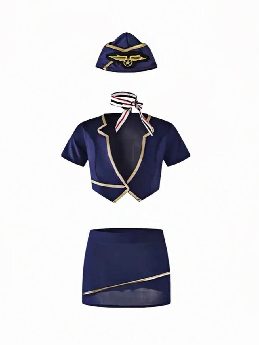 Captain & Flight Attendant Uniform Costume Set, Streamer Cosplay Outfit, JK Premium Short Sleeve Shirt 5-Piece Set - Blue - View 1