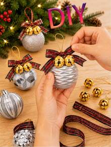 1/6/12/24pcs Silver Christmas Ball Ornament Set With Gold Bells And Plaid Ribbons, Assorted Color Christmas Tree Hanging Balls, DIY Holiday Decoration For Gift Wrapping, Fireplace, Home And Holiday Party Decor - Multicolor - View 5
