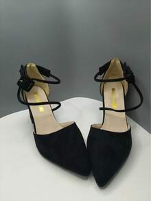 1 Pair Black High Heel Pumps With Woven Strap Buckle, Minimalist For Summer And Autumn Outdoor Wear - Black - View 3