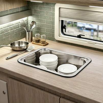 RIBASUBB RV Kitchen Sink With Chopping Board 304 Stainless Steel Rectangular Silver Modern For Camper Yacht Small Space