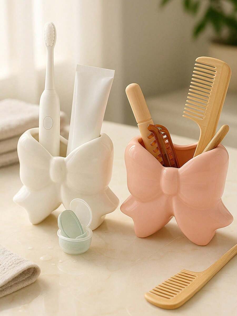 1pc White Bow Toothbrush Holder, Glossy 3D Bow Design, Modern Bathroom Countertop Storage Rack, Electric Toothbrush Stand, Minimalist Home Decor, Glossy Bow Decoration, Minimalist Bathroom Accessory, Clean Girl Style Decor - Multicolor - View 1
